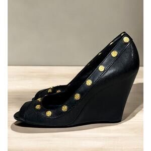 Tory Burch Nelson Leather Studded Peep Toe Wedge Shoe Size 6 ½ M